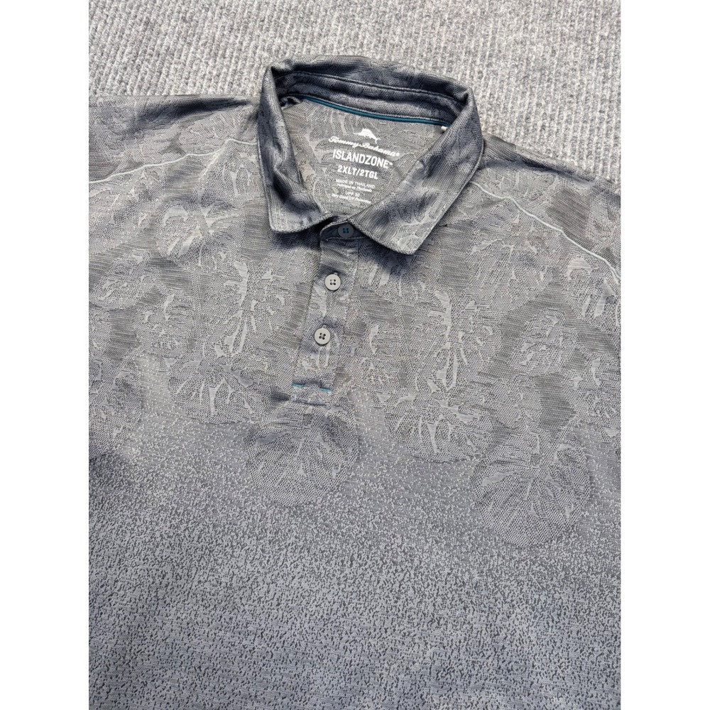 Tommy Bahama IslandZone Polo Shirt Mens 2XLT Grey Tropical Monstera UPF 30 Tall